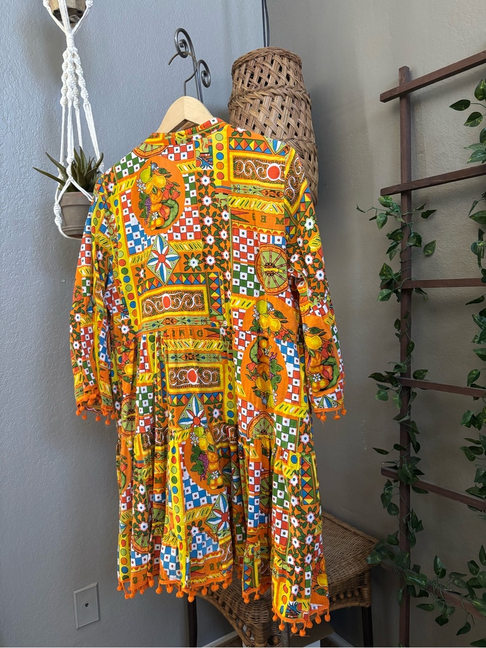 Colori Di Mare Majolica Print Embellished Mini Dress Boho Tassel Hem Tunic - Picture 12 of 13